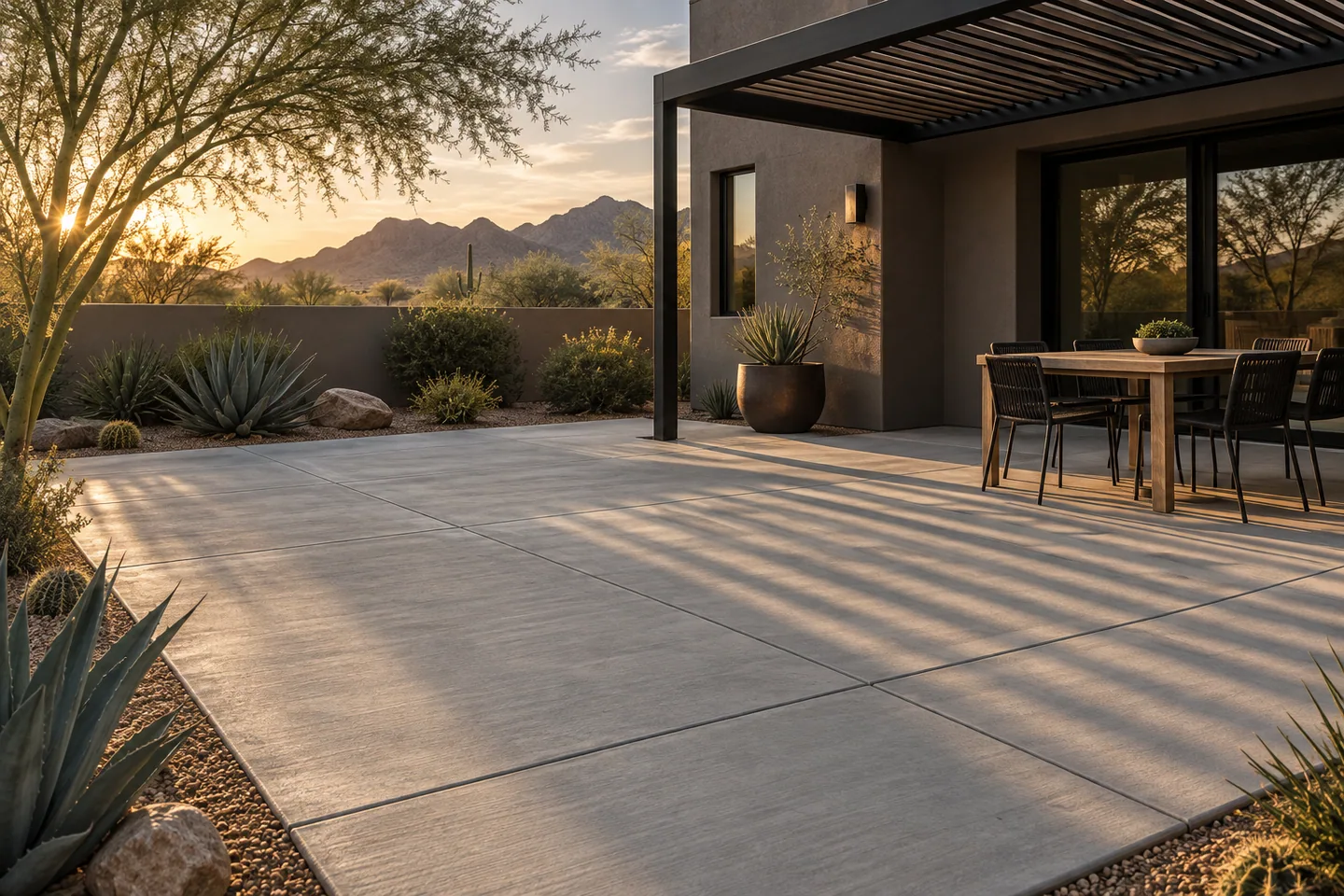 Architectural concept of a concrete patio with outdoor seating